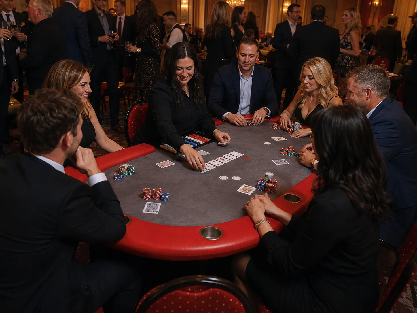 Partie de poker autour d’une table rouge pendant un gala