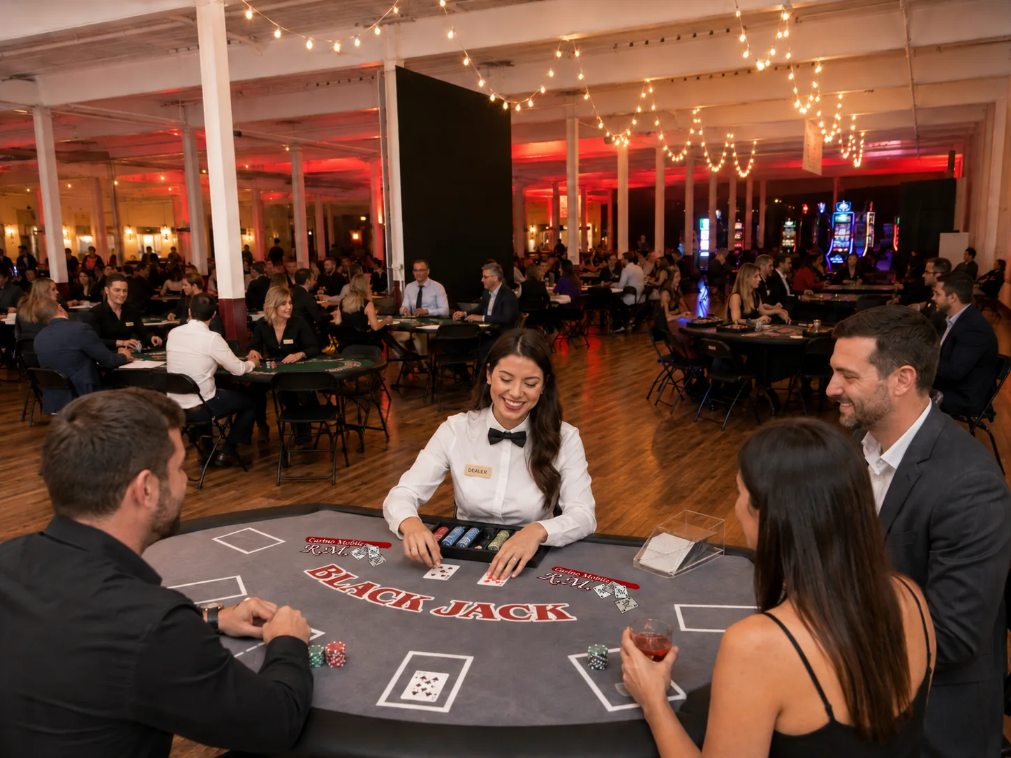 Table de blackjack installée dans une grande salle de réception