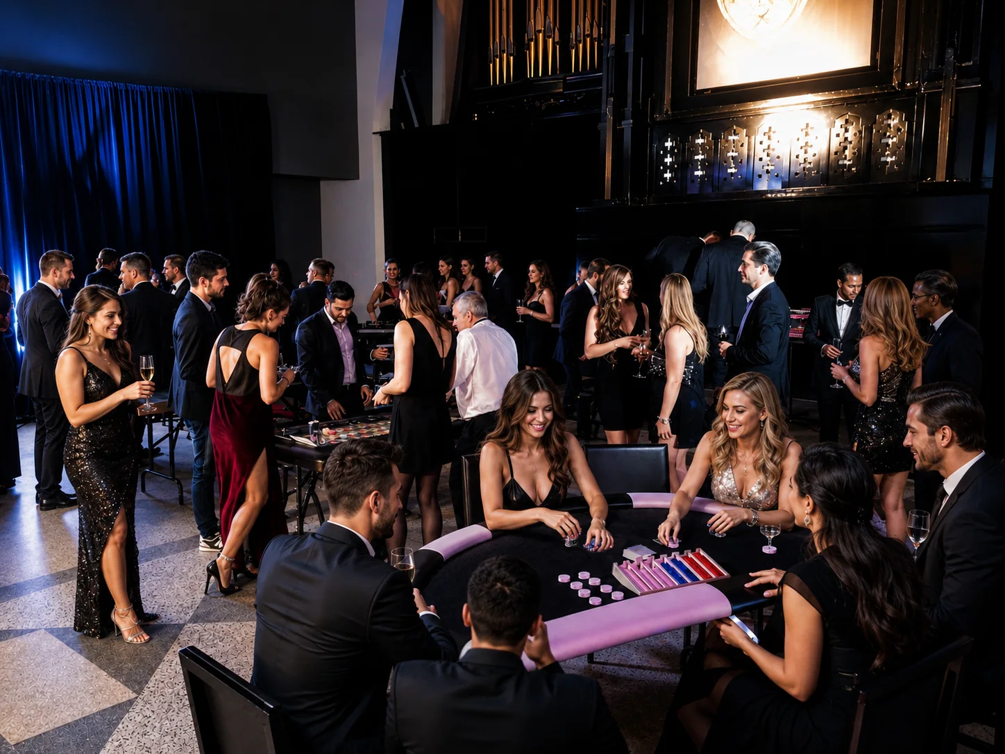 Élégante soirée casino avec plusieurs tables de jeux et des invités en tenue de soirée