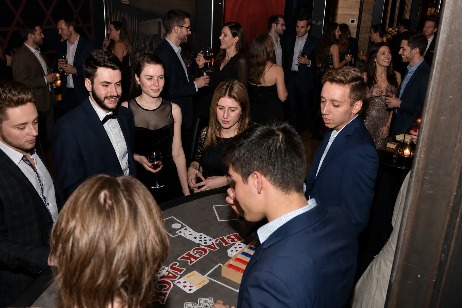 Convives réunis autour d’une table de blackjack dans une ambiance chic